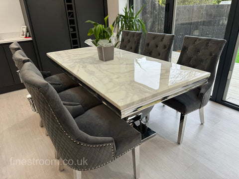 White Arial Dining Table With Dark Grey Round Knocker Majestic Chairs