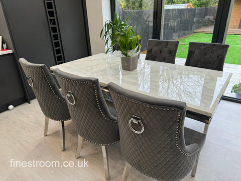 White Arial Dining Table With Dark Grey Round Knocker Majestic Chairs