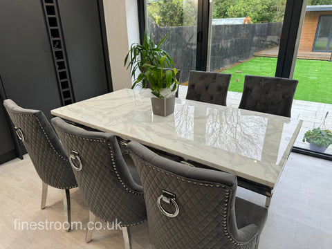 White Arial Dining Table With Dark Grey Round Knocker Majestic Chairs