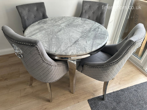 1.1M Grey Round Louis Dining Table With Dark Grey Majestic Chairs
