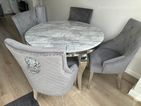 1.1M Grey Round Louis Dining Table With Dark Grey Majestic Chairs