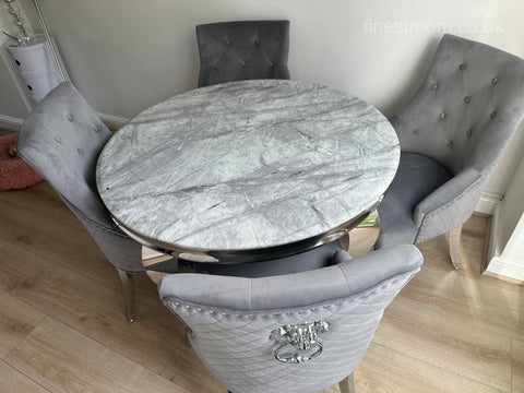 1.1M Grey Round Louis Dining Table With Dark Grey Majestic Chairs