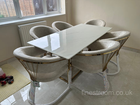 White Amelia Dining Table With Cream Prado Chairs
