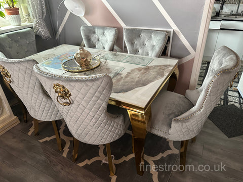 Pandora Gold Louis Dining Table With Light Grey Gold Majestic Chairs