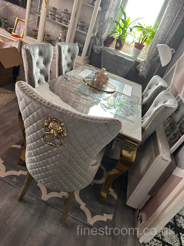 Pandora Gold Louis Dining Table With Light Grey Gold Majestic Chairs