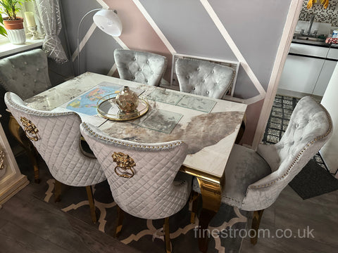 Pandora Gold Louis Dining Table With Light Grey Gold Majestic Chairs
