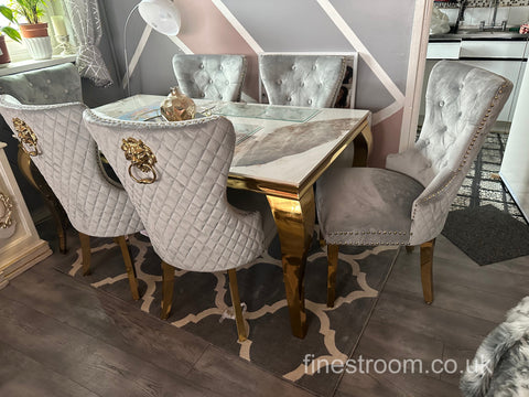 Pandora Gold Louis Dining Table With Light Grey Gold Majestic Chairs