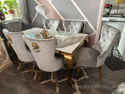 Pandora Gold Louis Dining Table With Light Grey Gold Majestic Chairs