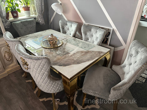 Pandora Gold Louis Dining Table With Light Grey Gold Majestic Chairs