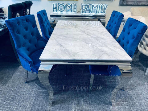 Grey Louis Chrome Dining Table With Navy Majestic Chairs
