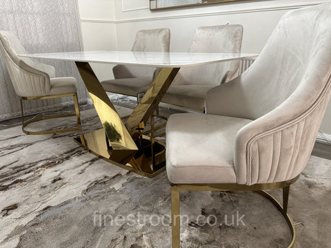White Valeo Gold Dining Table With Chelmsford Gold Chairs