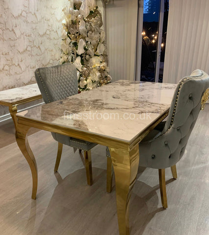 Pandora Gold Louis Dining Table With Grey Gold Victoria Chairs