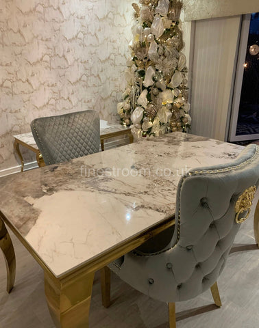 Pandora Gold Louis Dining Table With Grey Gold Victoria Chairs