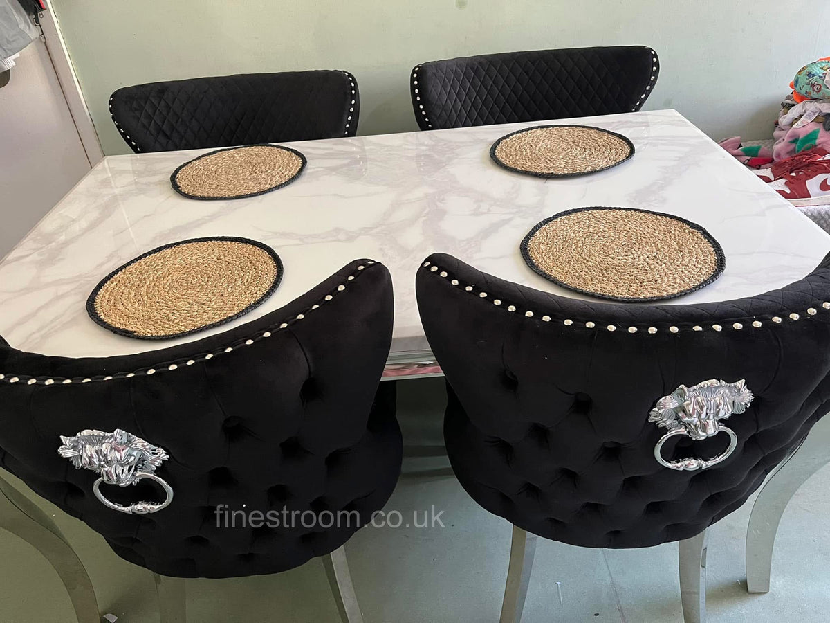 White Louis Dining Table With Black Valentino Chairs