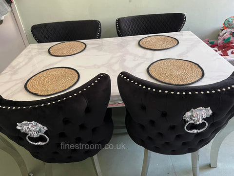 White Louis Dining Table With Black Valentino Chairs