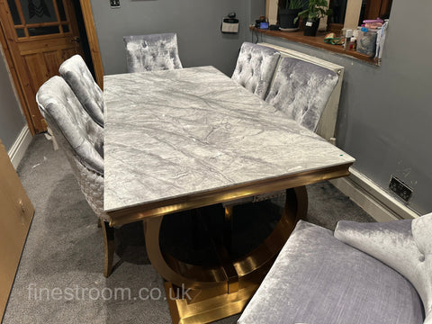 Grey Gold Ariana Dining Table With Silver Gold Roma Chairs