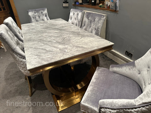 Grey Gold Ariana Dining Table With Silver Gold Roma Chairs