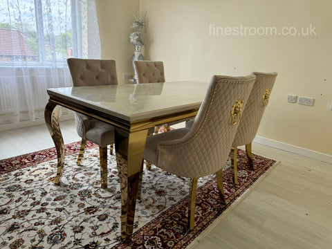Cream Gold Louis Dining Table with Mink Gold Lion Knocker Majestic Chairs