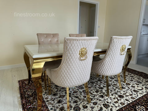 Cream Gold Louis Dining Table with Mink Gold Lion Knocker Majestic Chairs
