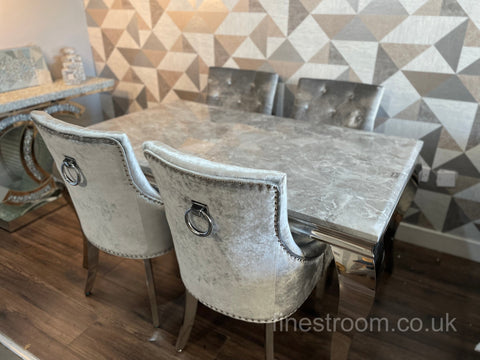 Grey Louis Dining Table With Silver Isabelle Chairs