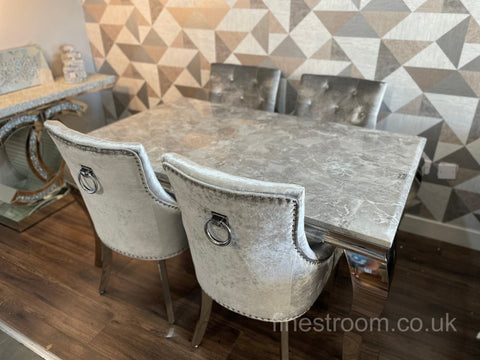 Grey Louis Dining Table With Silver Isabelle Chairs