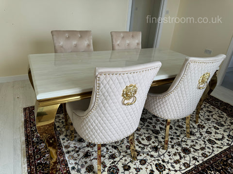 Cream Gold Louis Dining Table with Mink Gold Lion Knocker Majestic Chairs
