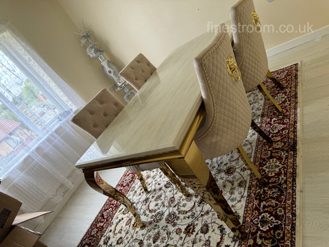 Cream Gold Louis Dining Table with Mink Gold Lion Knocker Majestic Chairs