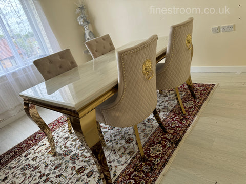 Cream Gold Louis Dining Table with Mink Gold Lion Knocker Majestic Chairs