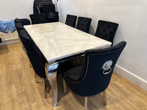 White Louis Dining Table With Black Majestic Chairs