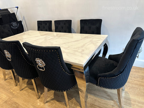 White Louis Dining Table With Black Majestic Chairs