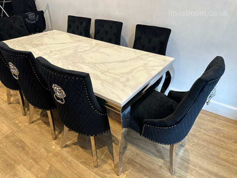 White Louis Dining Table With Black Majestic Chairs