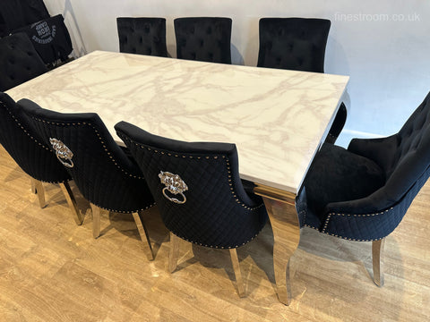 White Louis Dining Table With Black Majestic Chairs