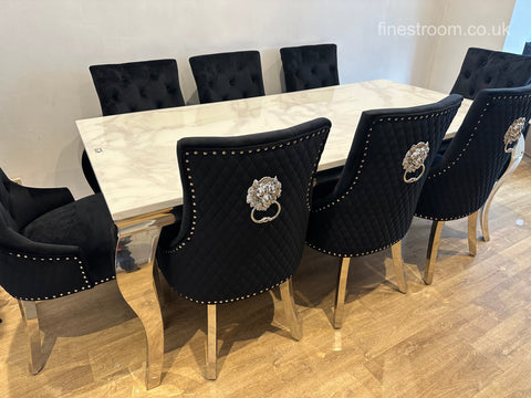 White Louis Dining Table With Black Majestic Chairs