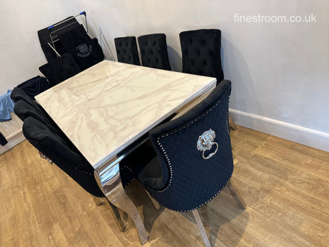 White Louis Dining Table With Black Majestic Chairs