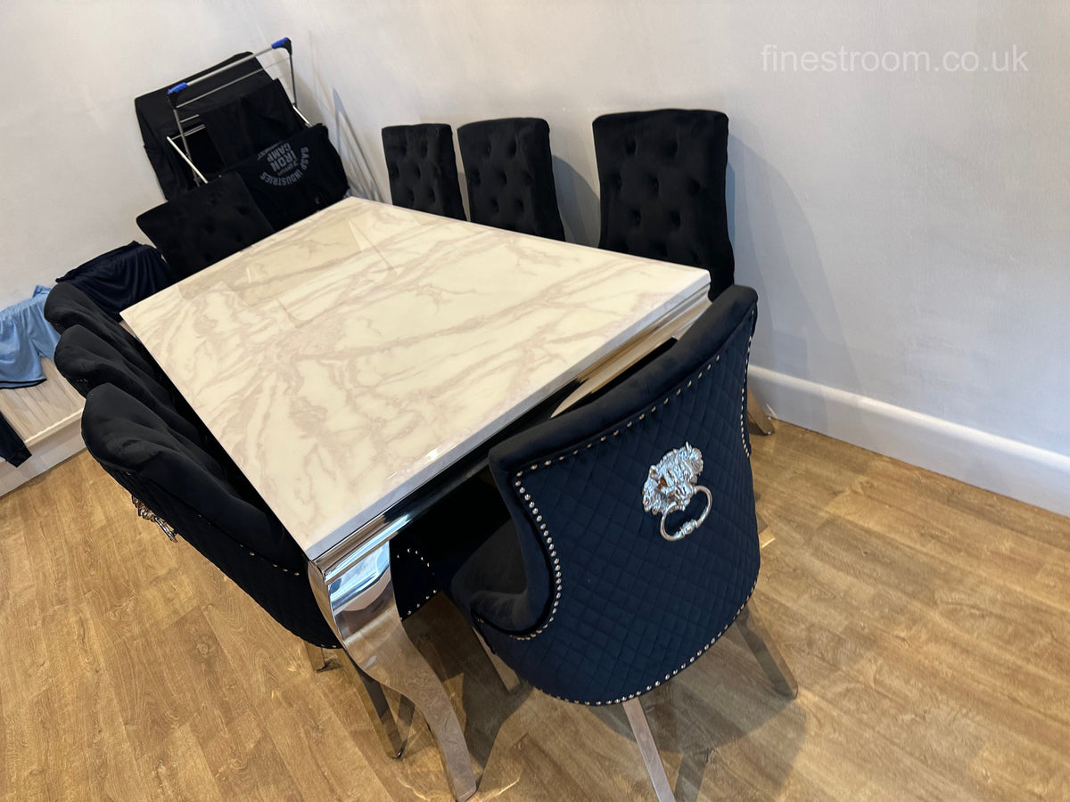 White Louis Dining Table With Black Majestic Chairs
