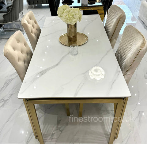 White Sorrento Dining Table With Cream Gold LK Victoria Chairs