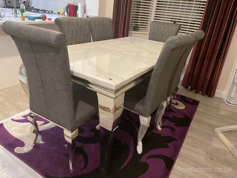 White Louis Dining Table With Dark Grey Leather Nicole Chairs