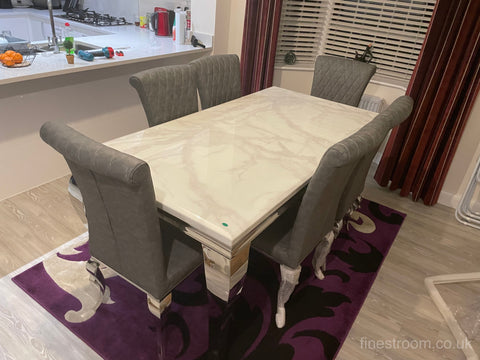 White Louis Dining Table With Dark Grey Leather Nicole Chairs