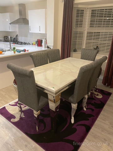 White Louis Dining Table With Dark Grey Leather Nicole Chairs