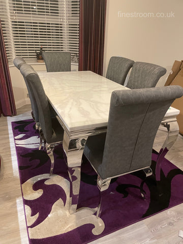 White Louis Dining Table With Dark Grey Leather Nicole Chairs