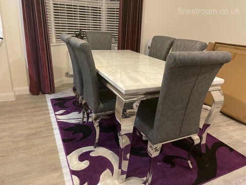 White Louis Dining Table With Dark Grey Leather Nicole Chairs