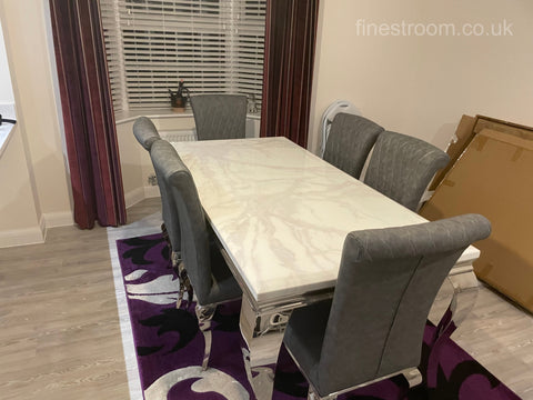 White Louis Dining Table With Dark Grey Leather Nicole Chairs