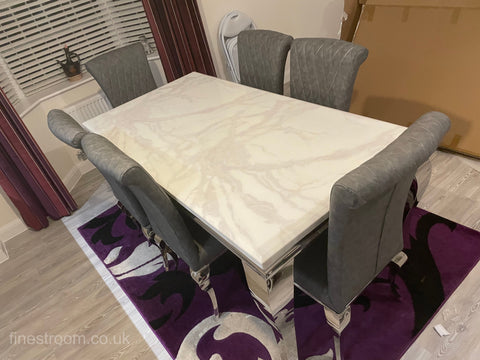 White Louis Dining Table With Dark Grey Leather Nicole Chairs