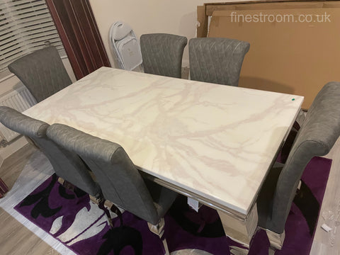 White Louis Dining Table With Dark Grey Leather Nicole Chairs