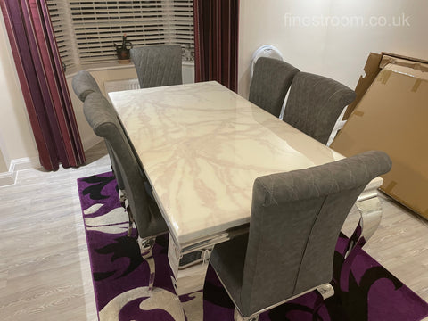 White Louis Dining Table With Dark Grey Leather Nicole Chairs