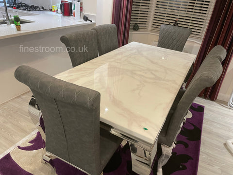 White Louis Dining Table With Dark Grey Leather Nicole Chairs