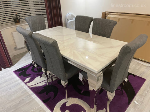 White Louis Dining Table With Dark Grey Leather Nicole Chairs