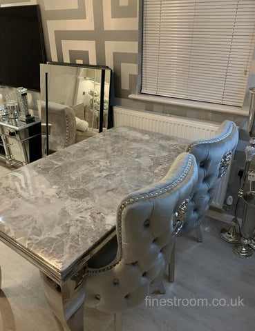 Grey Louis Chrome Dining Table With Silver Grey Victoria Chairs