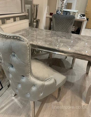 Grey Louis Chrome Dining Table With Silver Grey Victoria Chairs