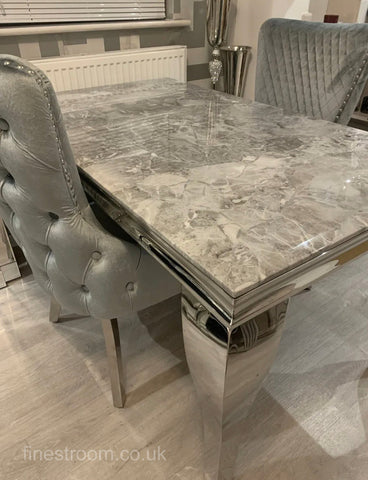 Grey Louis Chrome Dining Table With Silver Grey Victoria Chairs
